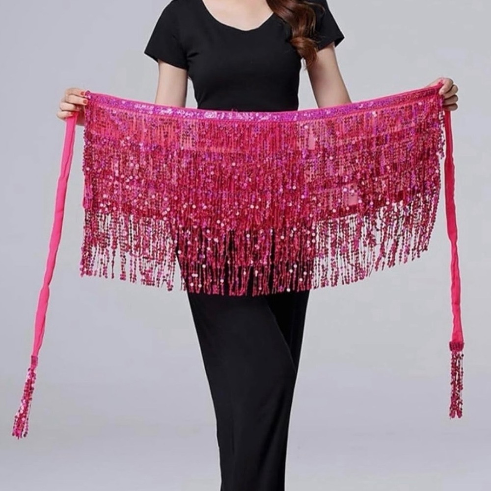 Pink Sequin Fringe belly dancing skirt